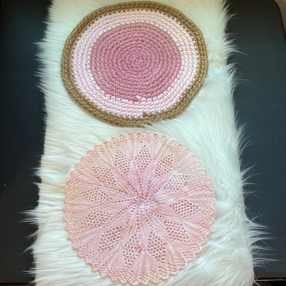 Set Of 2 Vintage Pink & Brown Round Crocheted Doilies!